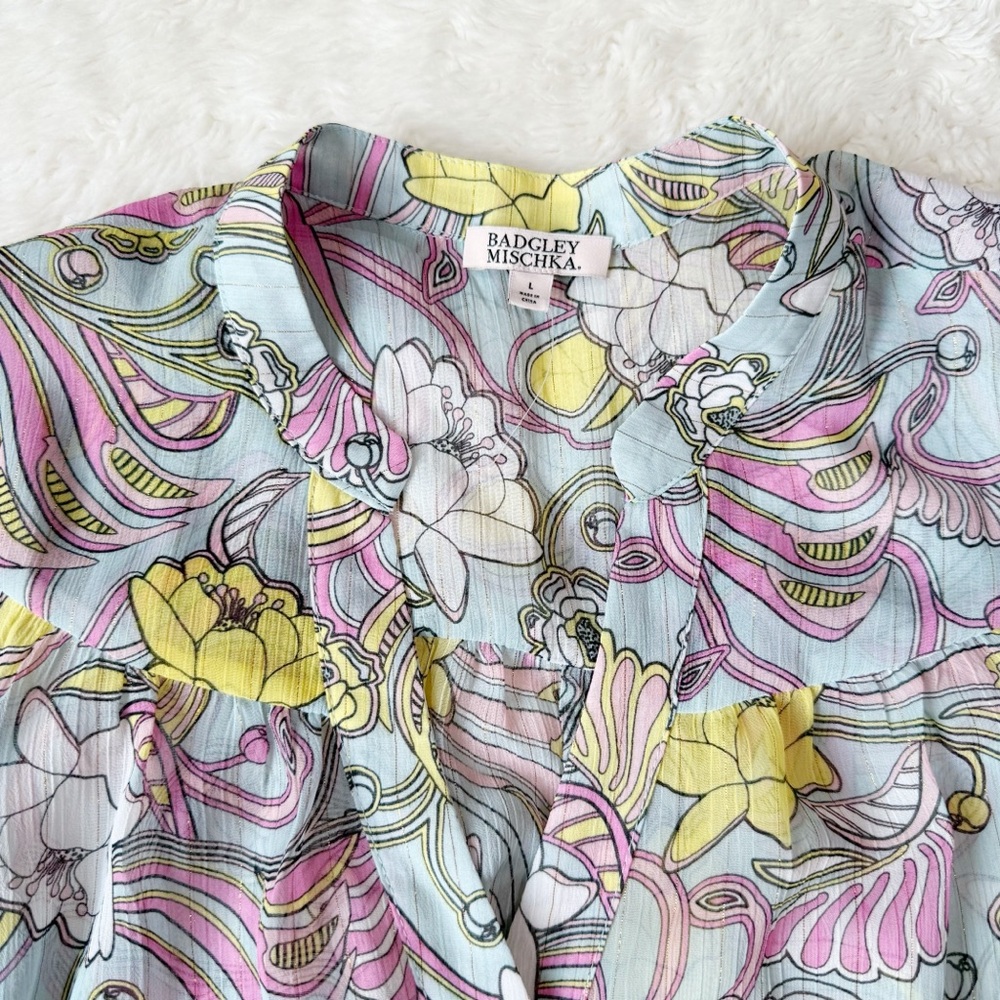 Badgley Mischka Woman Floral Chiffon Relax Flutter Sleeve Blouse LARGE Fairy - Picture 3 of 8